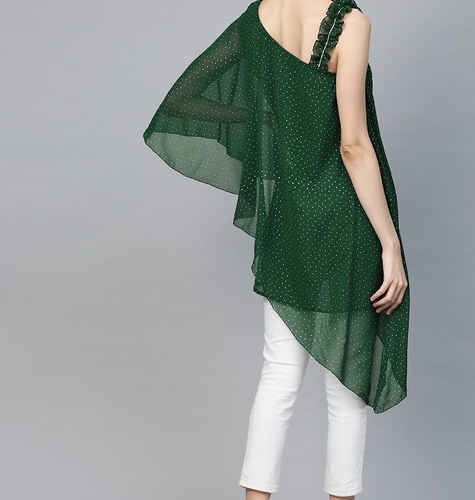 Women Green & Golden Printed One Sleeve Asymmetric Layered Tunic